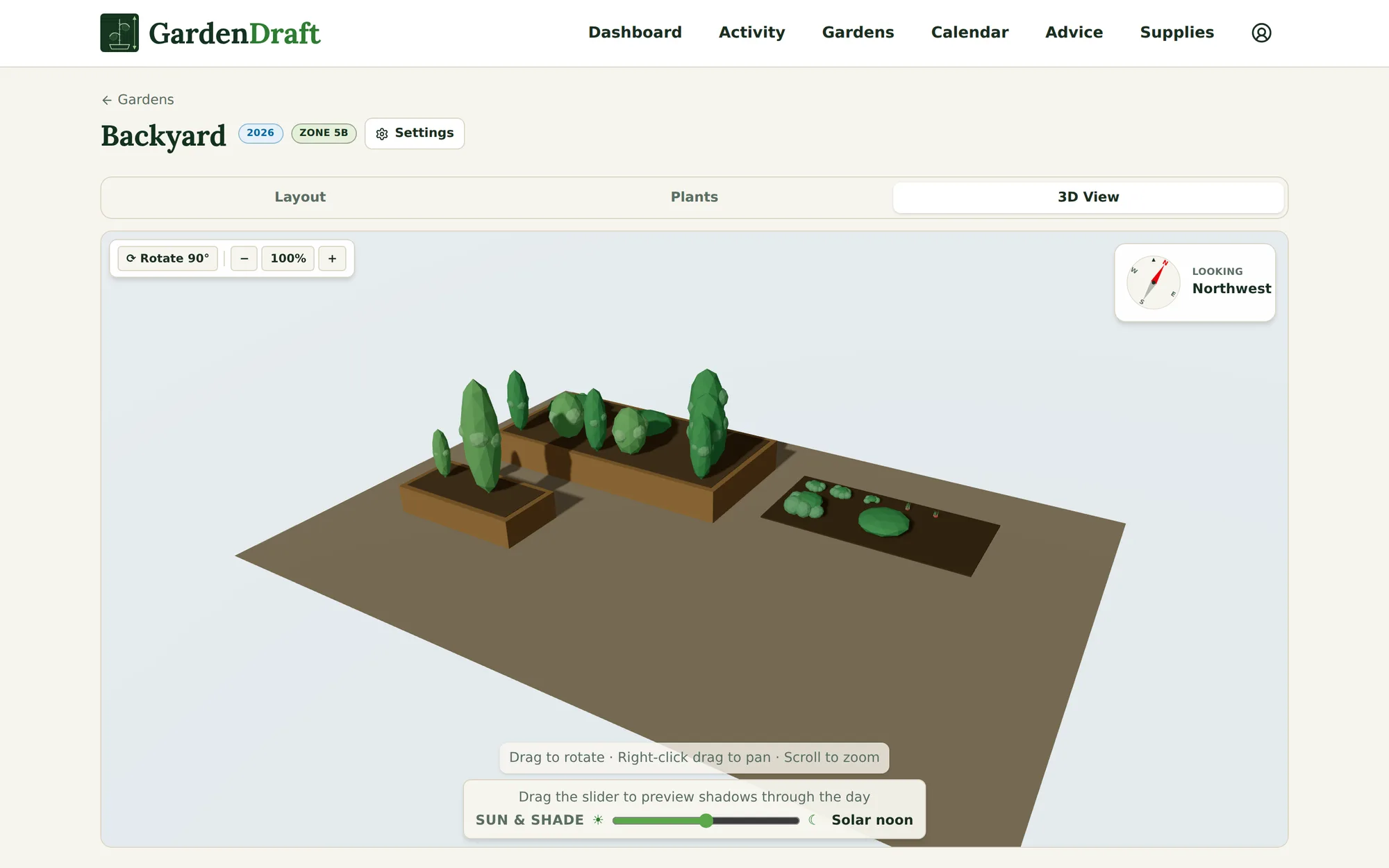 GardenDraft's 3D view of the same demo garden: two raised beds and an in-ground bed with low-poly plants at real heights, a compass reading Looking Northwest, and a sun-and-shade slider set to solar noon